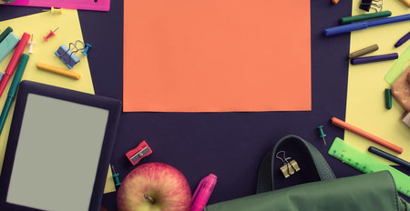 Banner Concept back to school apple backpack stationery on black background. Top view Flat lay