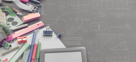 Banner Concept back to school apple backpack stationery on black background. Top view Flat layの写真素材