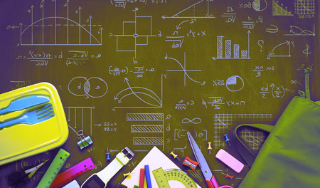 Surrealism Banner Concept back to school apple backpack stationery on black background. Top view Flat layの写真素材