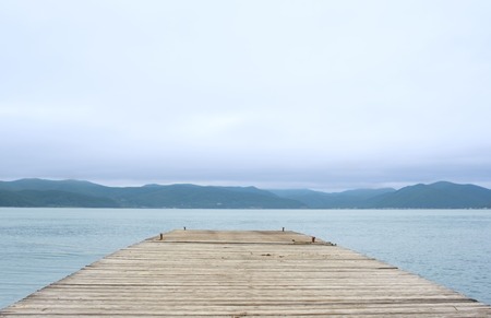 Defocus Sea landscape hills horizon sky fog nature. Natural backgroundの写真素材