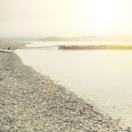 Defocus Sea landscape hills horizon sky fog nature wooden pier. Natural backgroundの写真素材