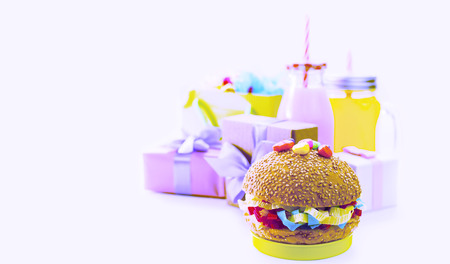 Banner Surrealism Festive composition drinks snacks holiday hamburger cookie tinsel confetti gift box cocktail cactus saturated colors. Children's holiday birthday partyの写真素材