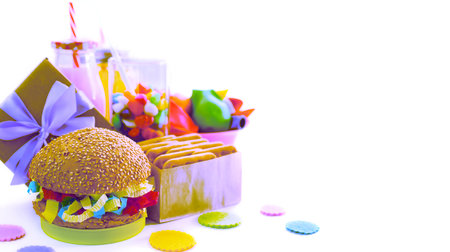 Banner Surrealism Festive composition drinks snacks holiday hamburger cookie tinsel confetti gift...