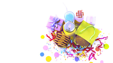 Surrealism Banner Festive composition drinks snacks holiday hamburger cookie tinsel confetti gift box cocktail saturated colors. Children's holiday birthday partyの写真素材