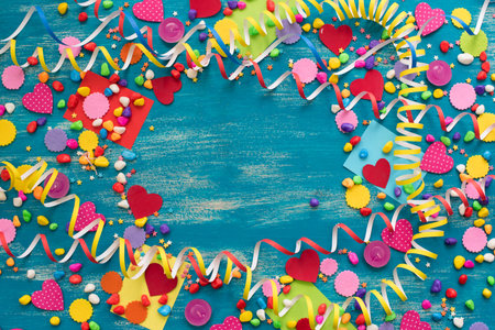 Decorative holiday background with streamers confetti candy hearts decor. Blue shabby wooden top...