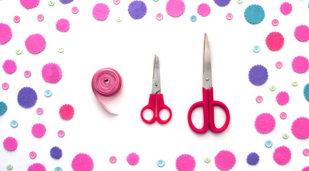 Banner Colored confetti on white background flat lay top view. Festive background copy space toolsの写真素材