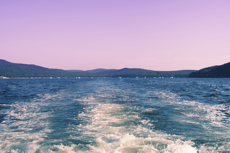 Sea landscape hills horizon sky fog nature. Natural background saturated.の写真素材