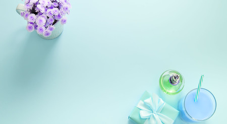 Banner Decorative composition flat lay set of items flowers perfume cocktail gift Top view copy spaceの写真素材
