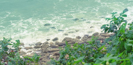 Banner sea shore rocky beach sea pebble waves foam bushes rose hip. Natural seascapeの写真素材