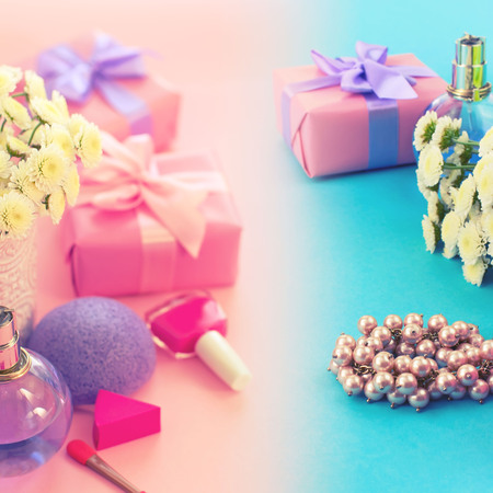 Fashion women accessories cosmetics flowers bouquet gift box bow cocktail on pink background gradient blue. Top view fla tlay copy spaceの写真素材