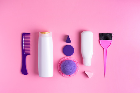 A set of cosmetics and items for body and hair care Cosmetics for Spa treatments top view flat layの写真素材