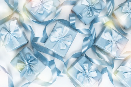 A set of gifts for blue color white background A top view of Flat lay Copy space horizontal Selective focusの写真素材
