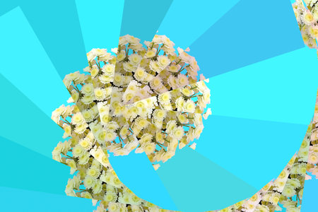 Floral pattern of a series of chrysanthemums on a blue background. Top view flat layの写真素材