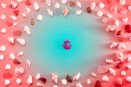 Different sea shells on live coral background. Top view flat lay