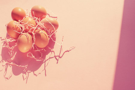 chicken eggs on toned coral background top view of Flat lay