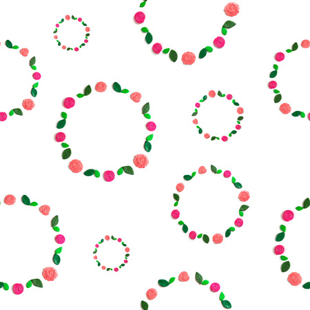 Seamless pattern frame of flowers and leaves on whiteの写真素材