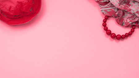 Banner Womens accessories Flat lay on yellow background Top view copy spaceの写真素材