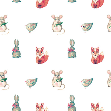 Seamless watercolor pattern cute animal Fox birdie rabbit mouse Hand painted childrens themeの写真素材