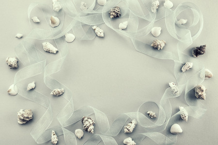 Different sea shells on gray background Top view flat layの写真素材