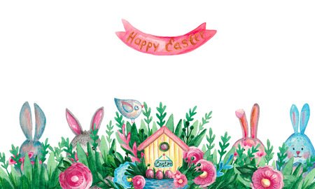 Banner Spring Easter composition house basket branches flowers eggs on white isolated  Festive symbolic elementsの写真素材