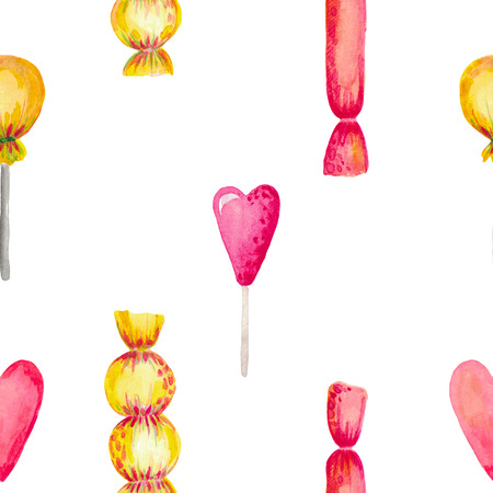 Seamless Watercolor pattern illustration of candy set Bright colored elements on white isolatedの写真素材