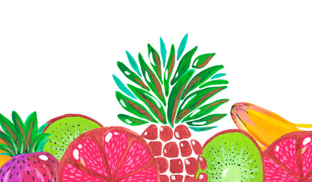 Banner  of hand painted acrylic gouache Banner juicy fruit Exotic fruit pineapple banana kiwi strawberry grapefruit on whiteの写真素材