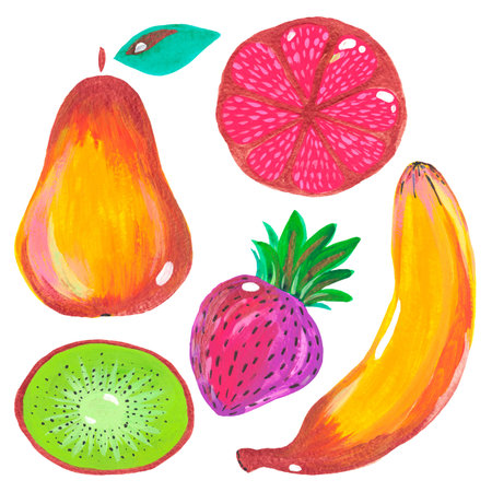 Hand painted acrylic gouache Set of juicy fruits  on whiteの写真素材