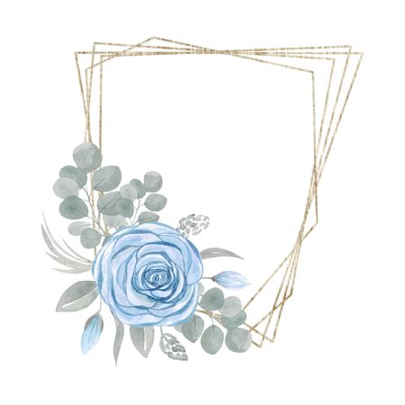 Geometric triangle gold frame with flower arrangement. Blue Rose bouquet with leaves and branches isolated on a white backgroundの写真素材