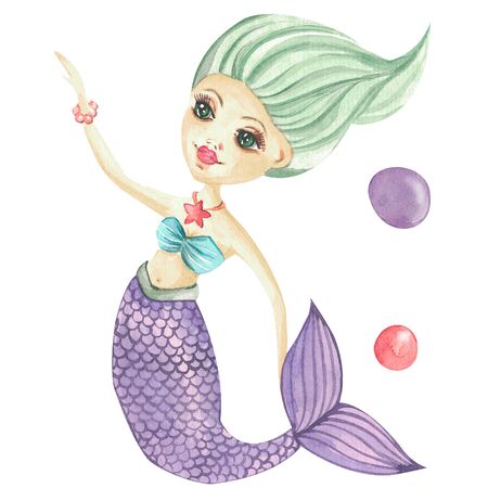 Watercolor cute little mermaid clipart. Hand painted illustration of the underwater cartoon character background whiteの写真素材
