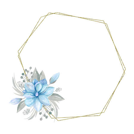 Geometric gold frame with flower arrangement. Blue Magnolia bouquet with leaves and branches isolated on a white backgroundの写真素材