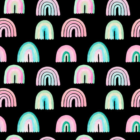 Seamless pattern of pastel rainbow kids design on a black background. Hand painted baby shower decor Nursery artの写真素材