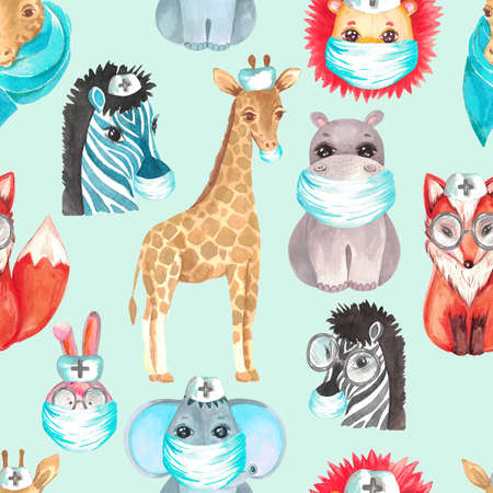 Seamless pattern of Animals in medical masks on a blue background Watercolor illustration of a kid Doctor designの写真素材