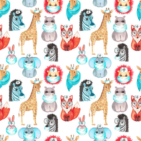 Seamless pattern of Animals in medical masks on a white background Watercolour illustration of a kid...