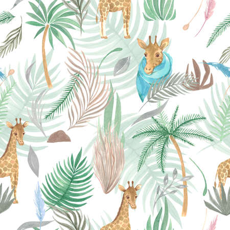 Seamless pattern of Safari animal and palm trees plants Watercolor illustration childrens design Wallpaper fabric paper packの写真素材