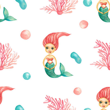 Seamless pattern fabulous underwater world of mermaid girl red coral on a white background Watercolor illustration hand paintedの写真素材