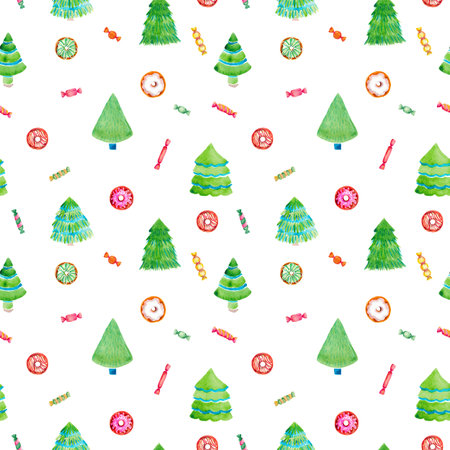 Christmas tree donuts candy sweet seamless pattern on white background Watercolor illustration...