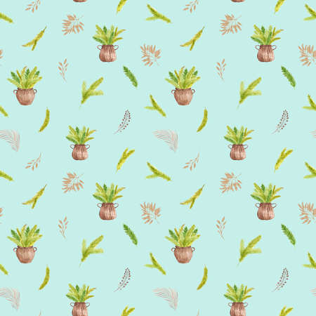 Christmas tree branches seamless pattern on blue background Watercolor illustration winter Wallpaper digital paper packの写真素材