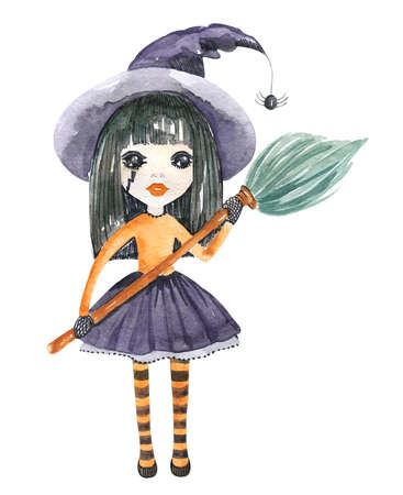 The Halloween character is a witch in a hat with a broom Watercolor hand-painted cartoon elementの写真素材