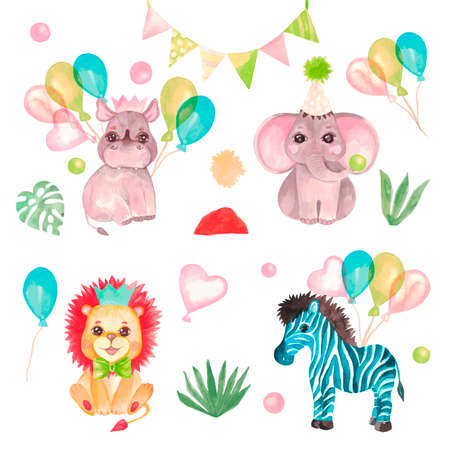 Collection of cute Safari animals with balloons Birthday party, kids characters, vectorのイラスト素材