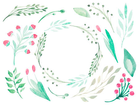 Floral set of elements on a white background Greenery flowers branches for decoration and invitations. Frame made of Botanical elementsのイラスト素材