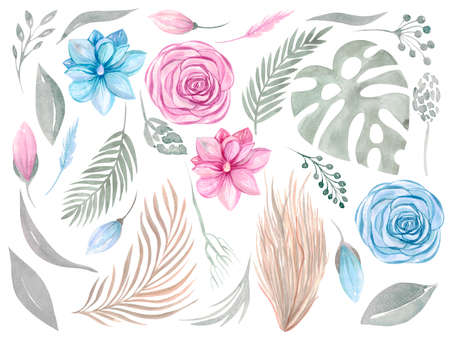 Floral element clipart. Boho wedding collection. Flower rose magnolia greenery setの写真素材