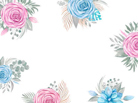 Decorative floral frame background Greenery rose flowers on a white background copy spaceのイラスト素材