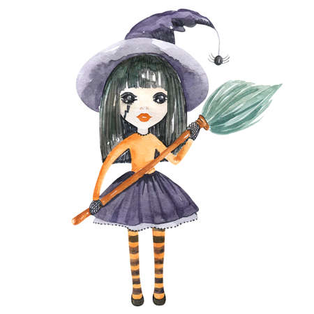 The Halloween character is a witch in a hat with a broom Hand-painted cartoon elementの写真素材