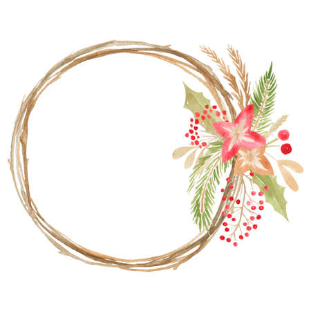 Merry Christmas holiday wreath. Winter floral frame Gold hand lettering scrapbooking set Wedding Xmas card. Scrapbook elements Vectorの写真素材