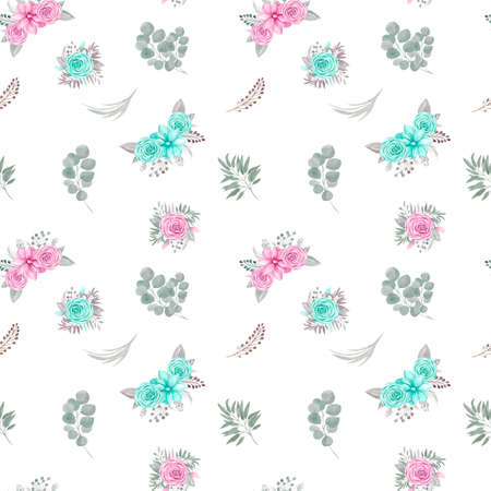 Seamless pattern of floral arrangement Flowers rose, Magnolia, eucalyptus branches, greenery on a white backgroundの写真素材