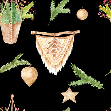 Seamless pattern Christmas home decor Hanging pot, macrame wall hanging, evergreen branches on black backgroundの写真素材