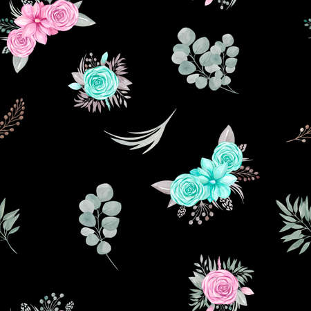 Seamless pattern of floral arrangement Flowers rose, Magnolia, eucalyptus branches, greenery on a black backgroundの写真素材