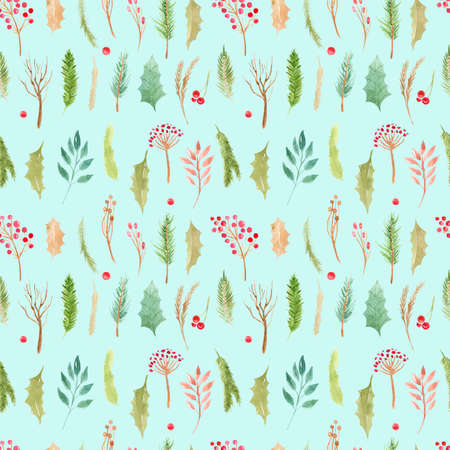 Seamless pattern Christmas boho elements. Watercolor winter floral set Holiday branches, leaves, cones, berries, coniferous branches, leaves on a blue background. Xmas backgroundの写真素材