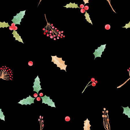 Seamless pattern with Christmas symbol Holly Leaves and berries on a black background.の写真素材