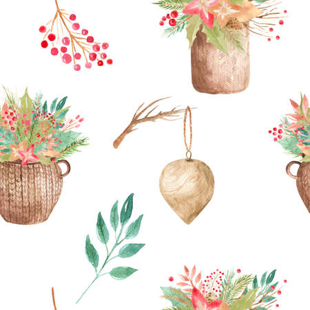 Seamless pattern Wicker basket Composition flowers, branches, leaves, berries, needles, evergreen Floral element winter arrangement for home interior, home decor on white backgroundの写真素材